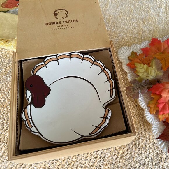 Pottery Barn Other - Set of 4 Pottery Barn Gobble Plates Thanksgiving Turkey Wooden Box
